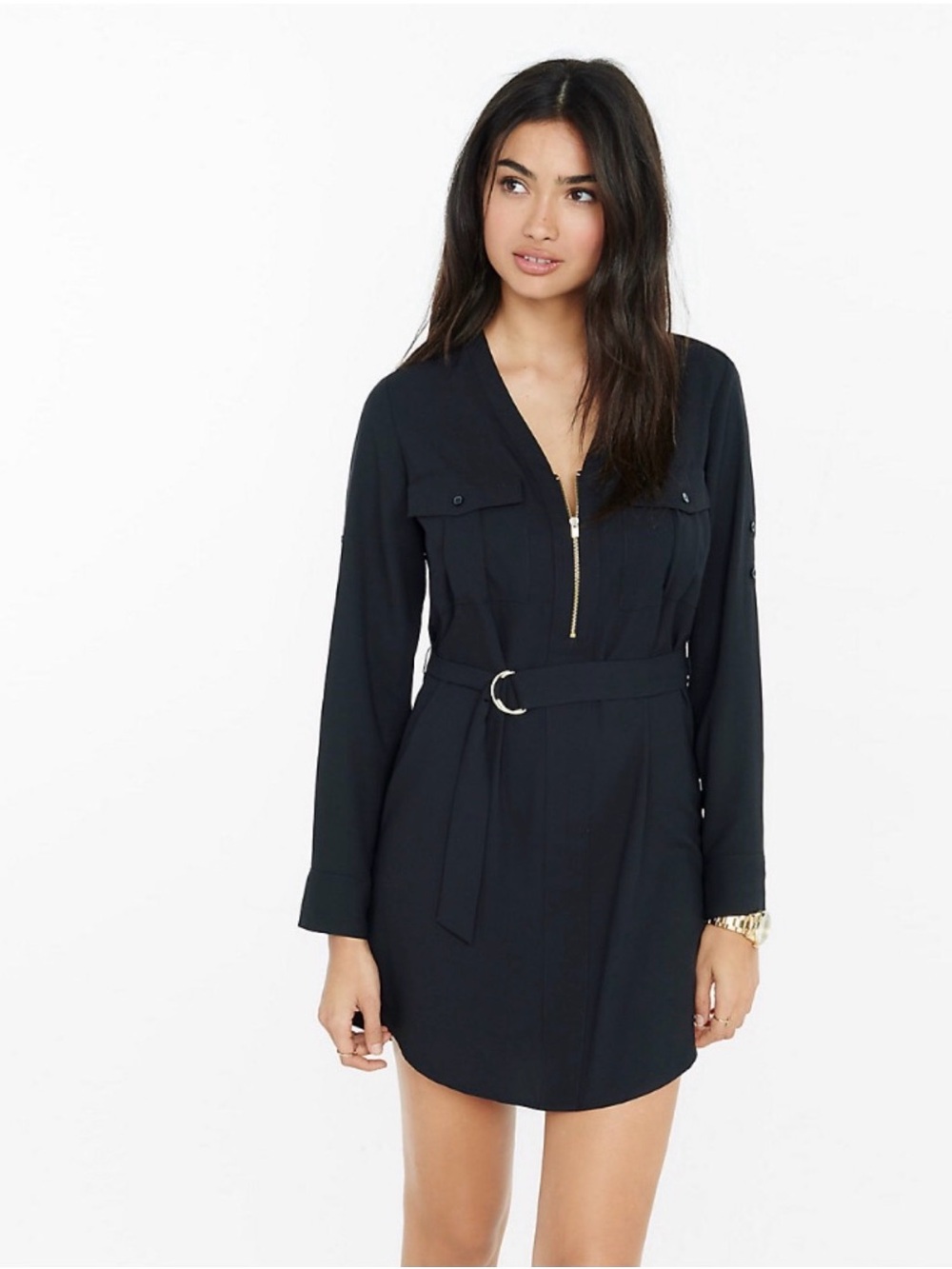 Express Black Long Sleeve Belted Shirt Dress XS